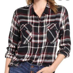 Sanctuary Boyfriend For Life Plaid Button Up Shirt  Black Red White Small